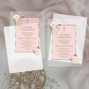 Invitaciones Acrílicas Primera Comunión Rosa Encantador Floral Cruz Dorad