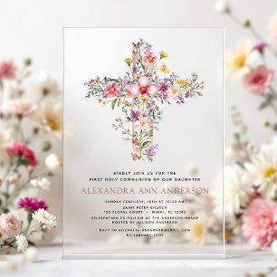 Invitaciones Acrílicas Primera Comunión Rosa Flora Verde Rosa Rubor