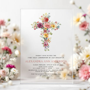 Invitaciones Acrílicas Primera Comunión Rosa Flora Verde Rosa Rubor