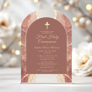 Invitaciones Acrílicas Primera Comunión Santa Bush Agate Oro Rosa