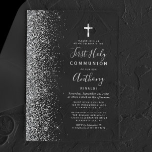 Invitaciones Acrílicas Primera Comunión Texto Borde Brillante Plateado