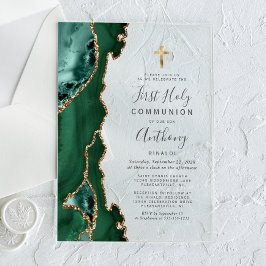 Invitaciones Acrílicas Primera Comunión Verde Oro Geoda de Ágata