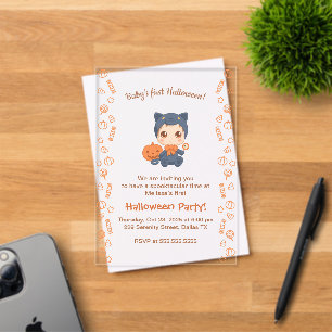 Invitaciones Acrílicas Primera fiesta de Halloween del bebé, lindo gato n