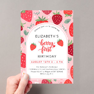 Invitaciones Acrílicas Primero Cumpleaños de Fresa para Niña