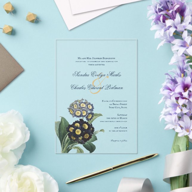 Invitaciones Acrílicas Primrose botánico azul vintage (Insitu (Boda))