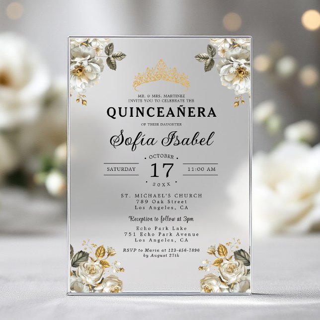 Invitaciones Acrílicas Princesa blanca de oro floral Quinceanera (Subido por el creador)