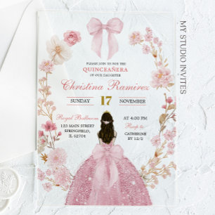 Invitaciones Acrílicas Princesa coqueta de lazo rosa Quinceañera floral