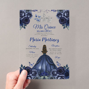 Invitaciones Acrílicas Princesa de Azul Marino Floral Corona de Plata Mis
