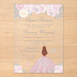 Invitaciones Acrílicas Princesa de cabello marrón rosada dulce dieciséis