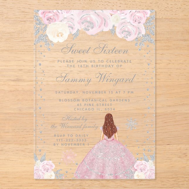 Invitaciones Acrílicas Princesa de cabello marrón rosada dulce dieciséis (Anverso)