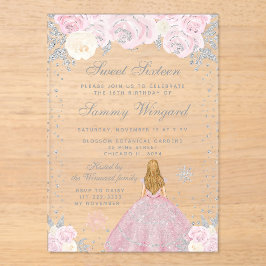Invitaciones Acrílicas Princesa de cabello rubia de invierno rosa Diecisé