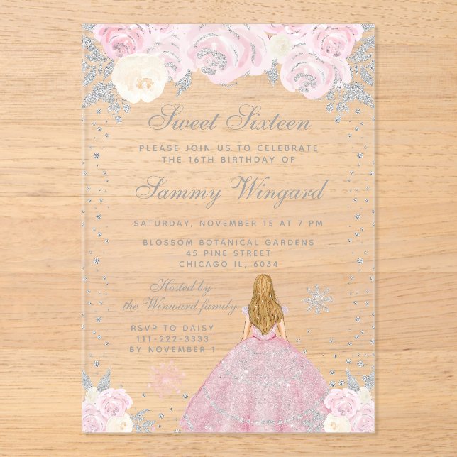 Invitaciones Acrílicas Princesa de cabello rubia de invierno rosa Diecisé (Anverso)