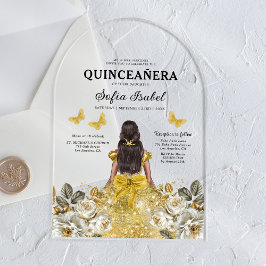 Invitaciones Acrílicas Princesa de la Mariposa de Oro Floral Quinceanera