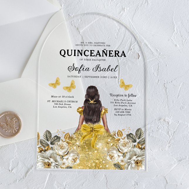 Invitaciones Acrílicas Princesa de la Mariposa de Oro Floral Quinceanera (Subido por el creador)