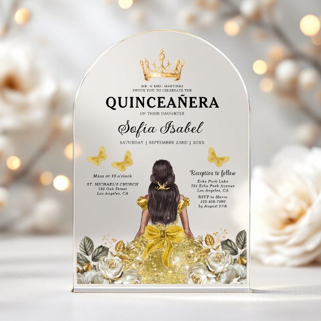 Invitaciones Acrílicas Princesa de la Mariposa de Oro Floral Quinceanera (Subido por el creador)