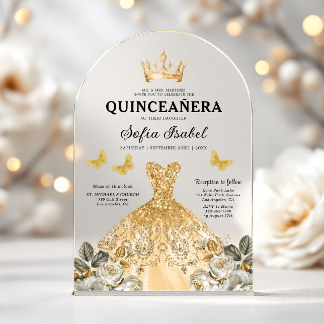 Invitaciones Acrílicas Princesa de la Mariposa de Oro Floral Quinceanera (Subido por el creador)