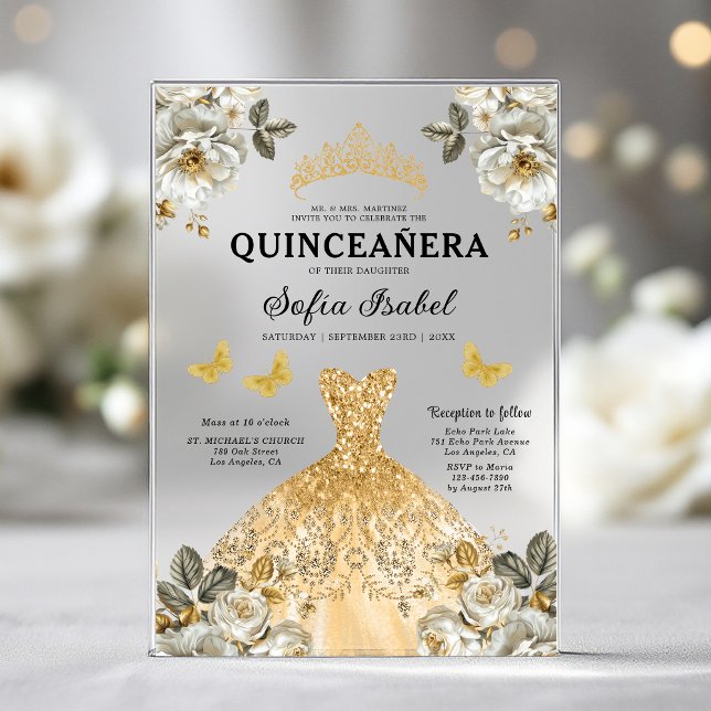Invitaciones Acrílicas Princesa de la Mariposa de Oro Floral Quinceanera (Subido por el creador)