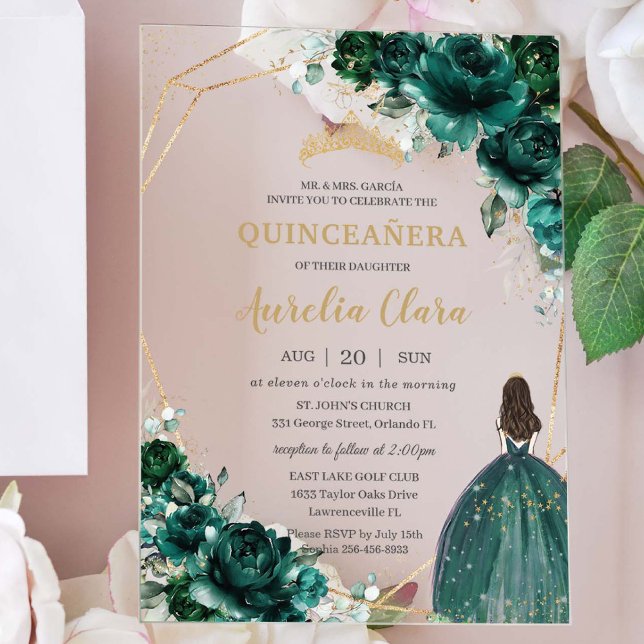 Invitaciones Acrílicas Princesa de oro floral verde esmeralda de Quinceañ (Subido por el creador)