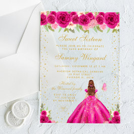 Invitaciones Acrílicas Princesa de pelo marrón floral rosa caliente Dieci