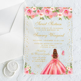Invitaciones Acrílicas Princesa de pelo marrón floral rosa dulce dieciséi