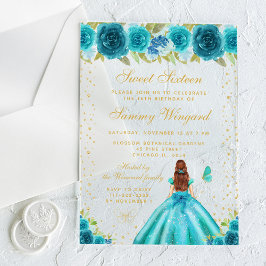 Invitaciones Acrílicas Princesa de pelo marrón floral verde azulada dulce