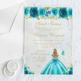 Invitaciones Acrílicas Princesa de pelo rubia floral verde azulada dulce 