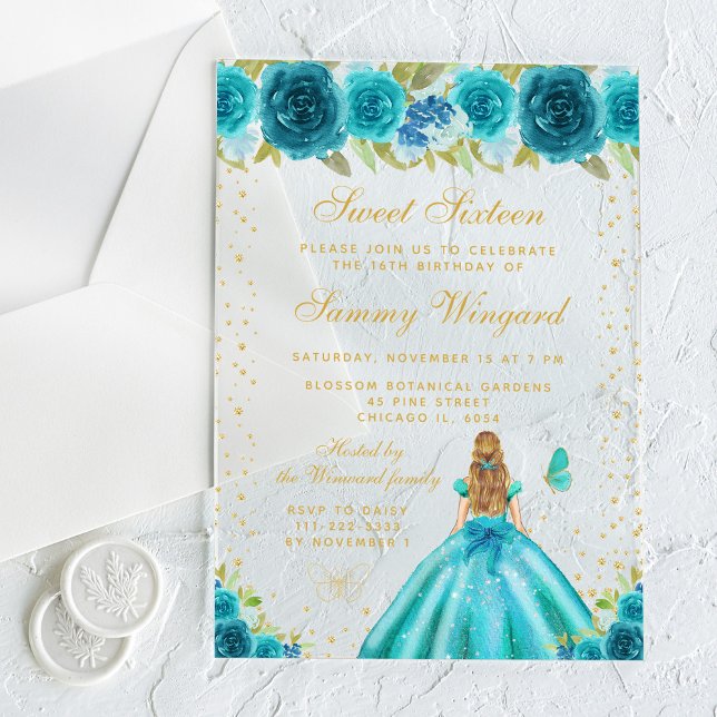 Invitaciones Acrílicas Princesa de pelo rubia floral verde azulada dulce  (Subido por el creador)