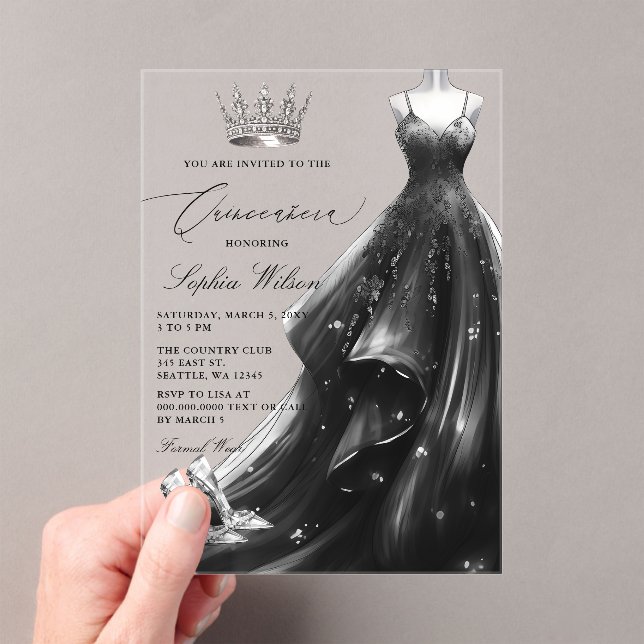 Invitaciones Acrílicas Princesa del vestido negro plateado Quinceañera (Insitu (portátil))