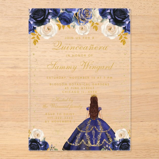 Invitaciones Acrílicas Princesa Floral Azul de la Marina Quinceañera (Anverso)