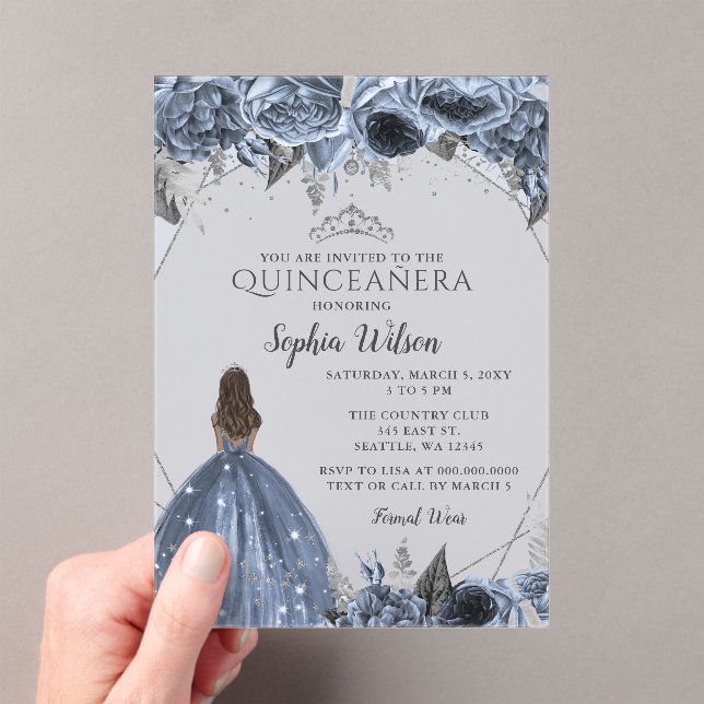 Invitaciones Acrílicas Princesa Floral Azul Dusty Plata Quinceañera (Insitu (portátil))