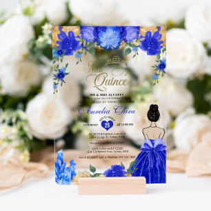 Invitaciones Acrílicas Princesa Floral Azul Real Mis Quince Quinceañera