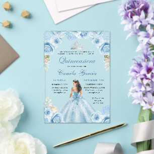 Invitaciones Acrílicas Princesa Floral Azul y Plata Quinceañera