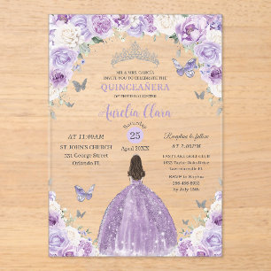Invitaciones Acrílicas Princesa Floral Blanca Púrpura Quinceañera XV 16