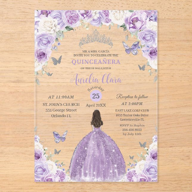 Invitaciones Acrílicas Princesa Floral Blanca Púrpura Quinceañera XV 16 (Anverso)