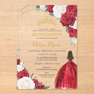 Invitaciones Acrílicas Princesa Floral Blanca Rojo Vestido Oro Quinceañer