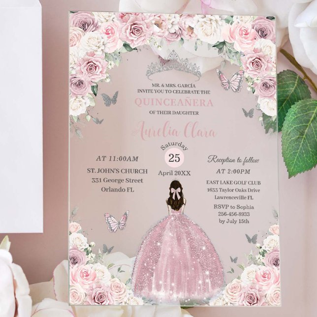 Invitaciones Acrílicas Princesa Floral blanca suave rosa Quinceañera XV 1 (Subido por el creador)