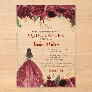 Invitaciones Acrílicas Princesa floral de oro de Borgoña Quinceañera Quin