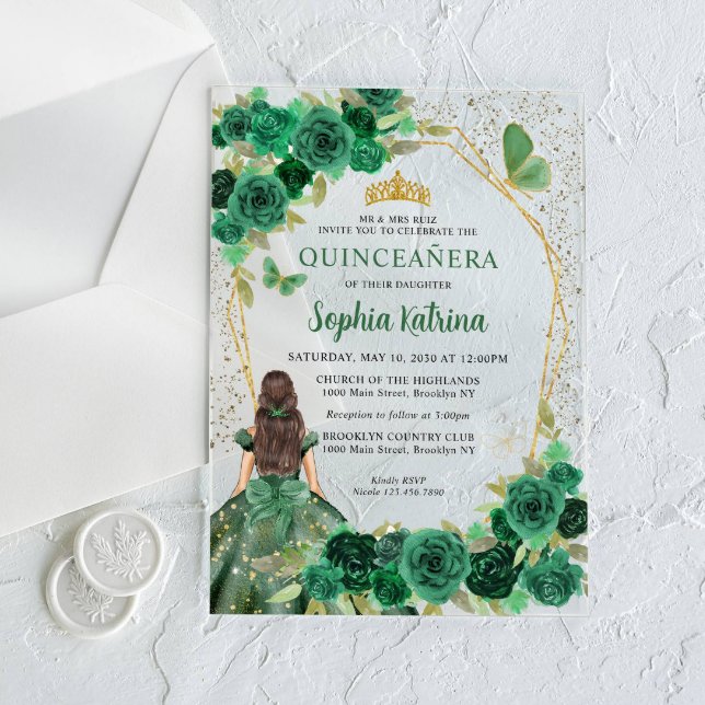 Invitaciones Acrílicas Princesa floral de oro verde esmeralda Quinceañera (Subido por el creador)