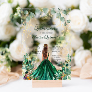 Invitaciones Acrílicas Princesa floral de oro verde esmeralda Quinceanera