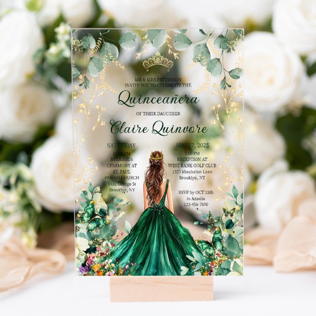 Invitaciones Acrílicas Princesa floral de oro verde esmeralda Quinceanera (Subido por el creador)