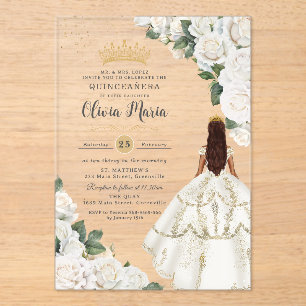 Invitaciones Acrílicas Princesa Floral de Rosas Blancas Gown Gold Quincea