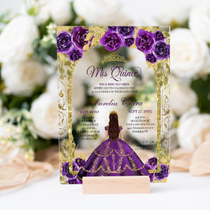 Invitaciones Acrílicas Princesa Floral Púrpura Arco Dorado Quinceañera