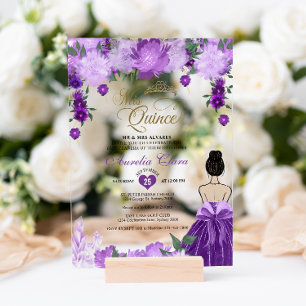 Invitaciones Acrílicas Princesa Floral Púrpura Mis Quince Quinceañera