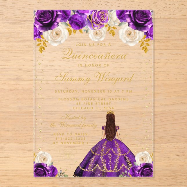Invitaciones Acrílicas Princesa Floral Púrpura Quinceañera (Anverso)