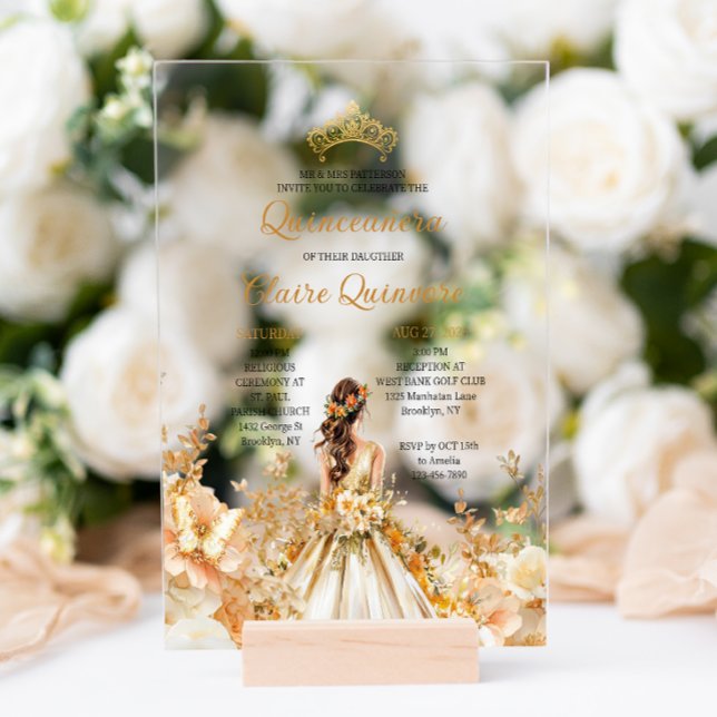 Invitaciones Acrílicas Princesa Floral Radiante Tiara Gold Quinceanera (Subido por el creador)