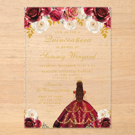 Invitaciones Acrílicas Princesa Floral Roja Quinceañera
