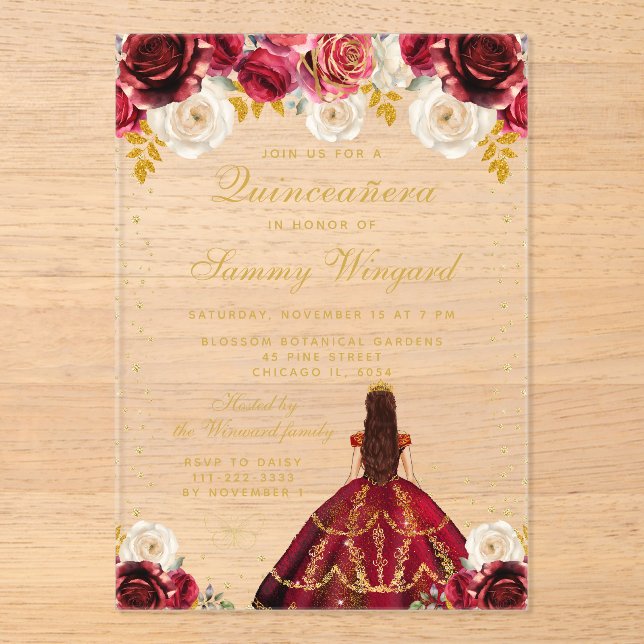 Invitaciones Acrílicas Princesa Floral Roja Quinceañera (Anverso)