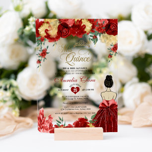 Invitaciones Acrílicas Princesa Floral Roja Ruby Mis Quince Quinceañera