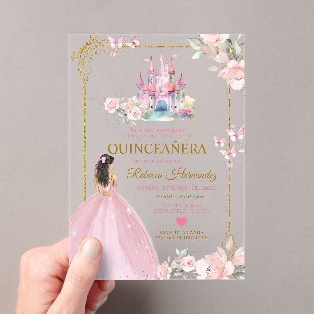 Invitaciones Acrílicas Princesa Floral Rosa Castillo Real Oro Quinceañera (Insitu (portátil))
