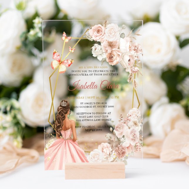 Invitaciones Acrílicas Princesa floral rosa y dorada de Rubor Quinceanera (Subido por el creador)